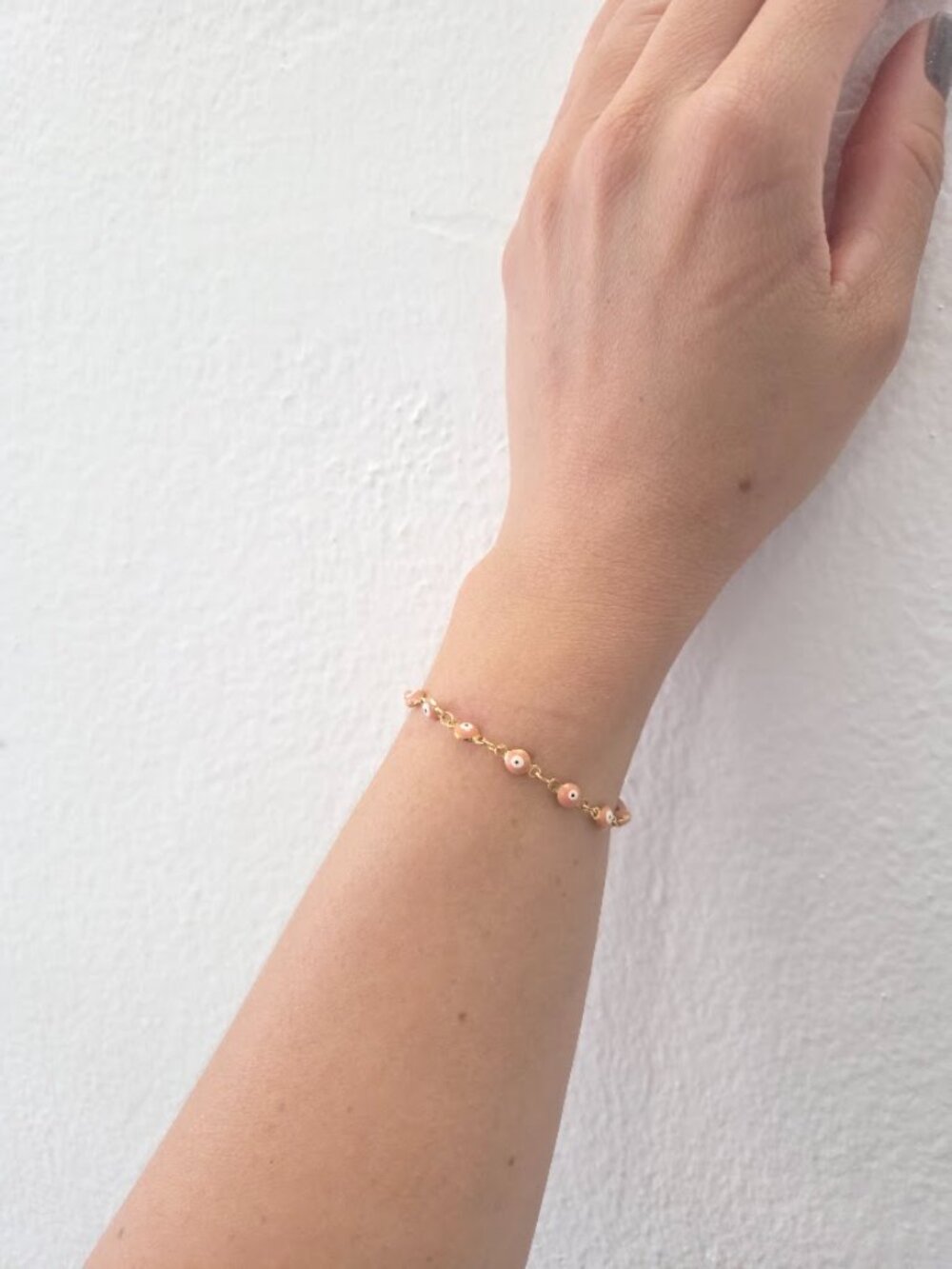 Gold Plated Evil Eye Enamel Chain Link Bracelet Pink Peach - Picture 5 of 11